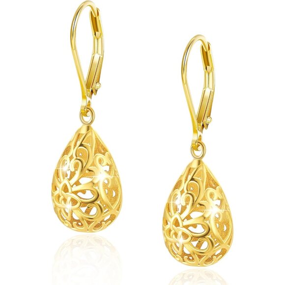 Women's Teardrop Dangle Drop Gold French Style Leverback Earrings Jewelry - Picture 1 of 7
